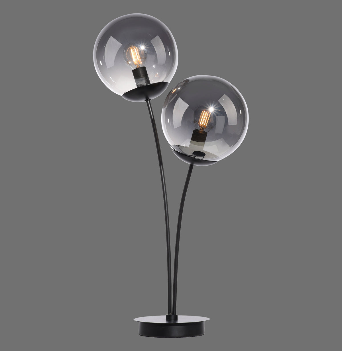 Lampe à poser noire à deux globes en verre fumé, vue de face sur fond gris