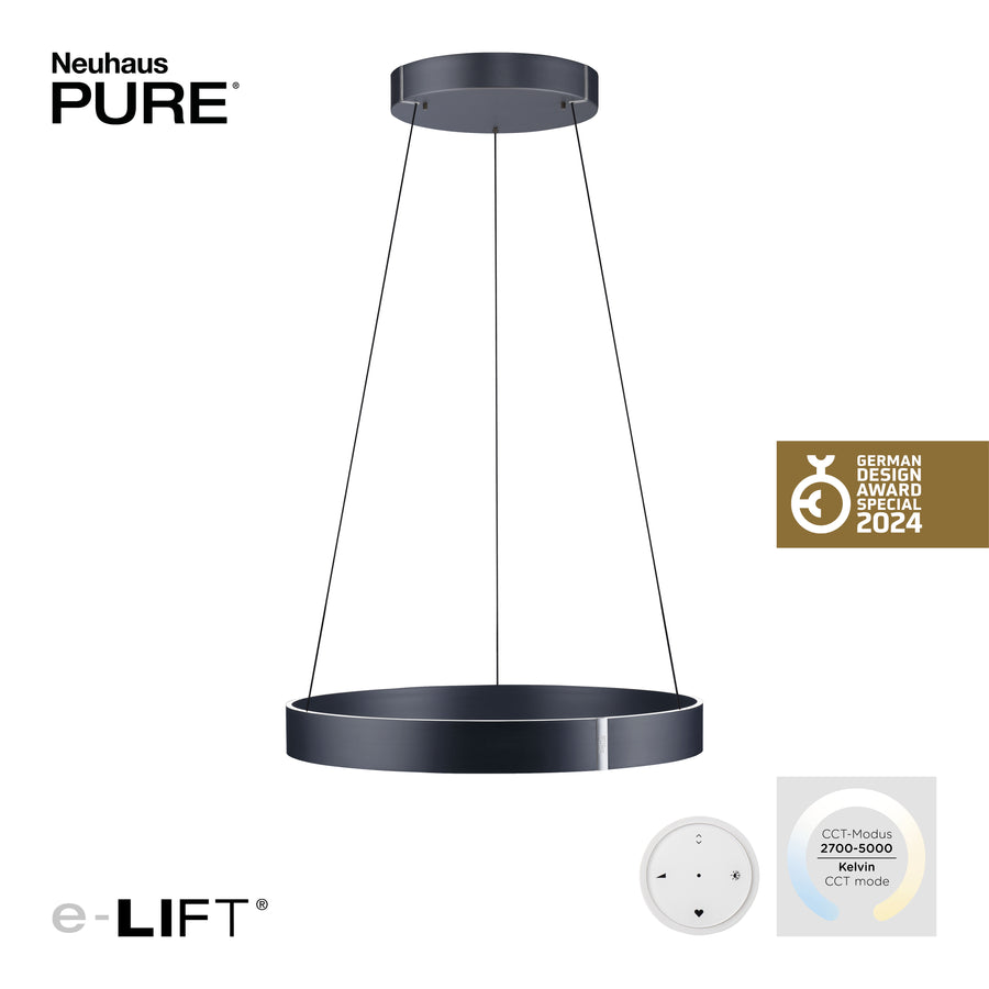 Visuel produit avec logos, badge German Design Award, télécommande et mode CCT 2700 à 5000 K.