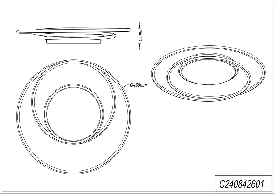 Schéma technique coté du plafonnier, hauteur 55 mm et diamètre 430 mm
