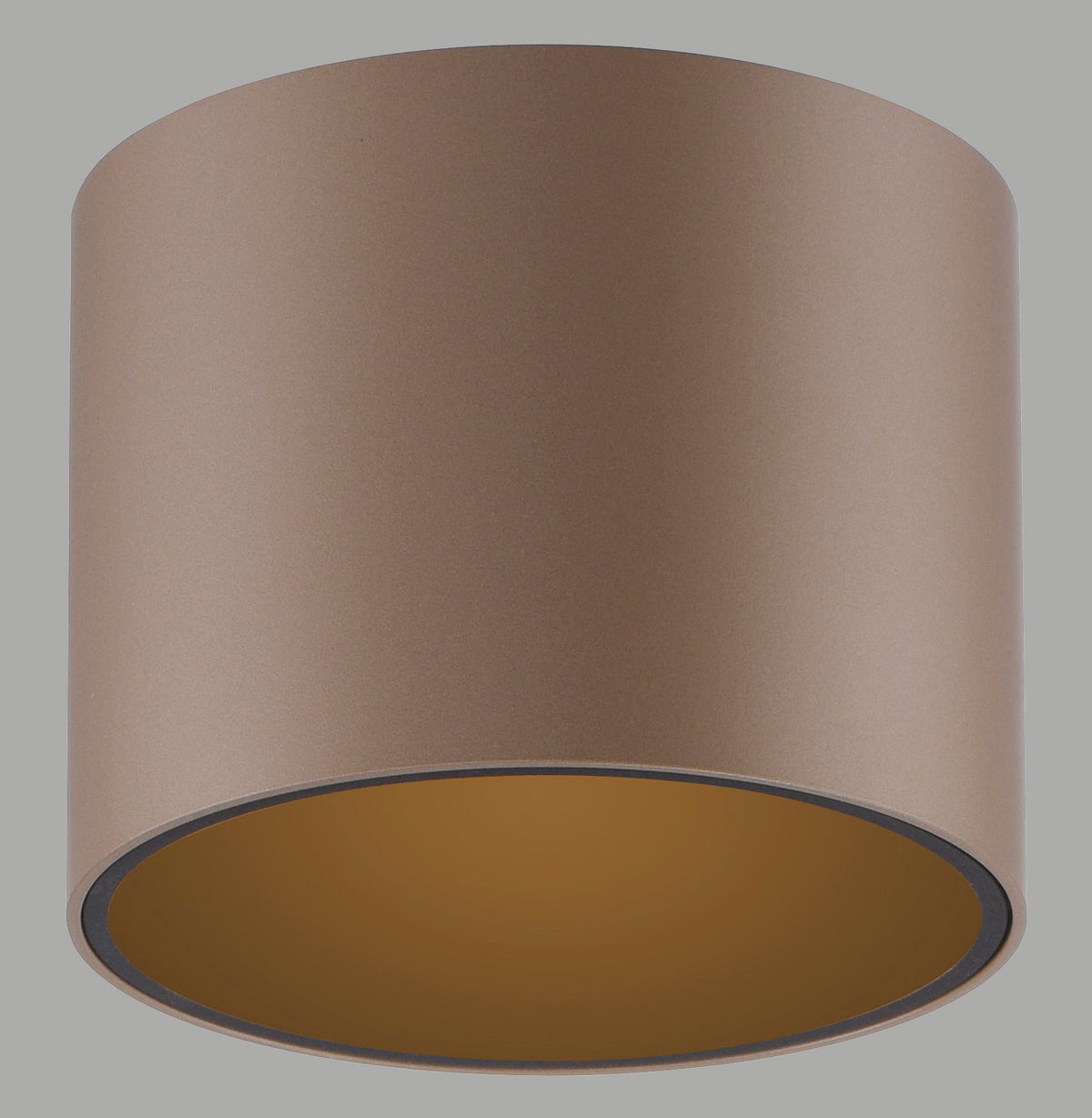Vue de face du plafonnier cylindrique marron, intérieur doré visible en contre-plongée