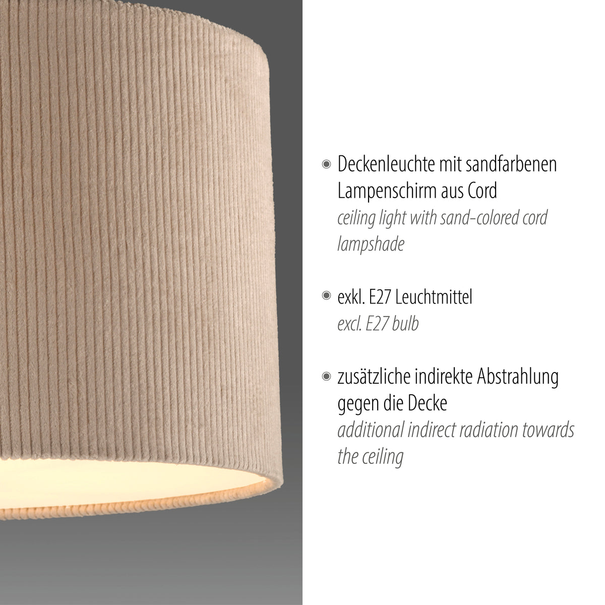Gros plan sur la texture côtelée et le texte descriptif allemand du produit
