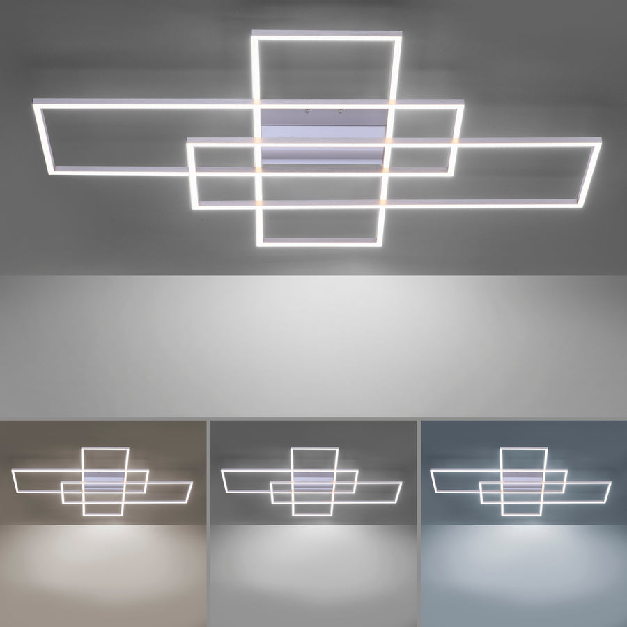Luminaire allumé montrant trois températures de couleur et un éclairage uniforme au plafond