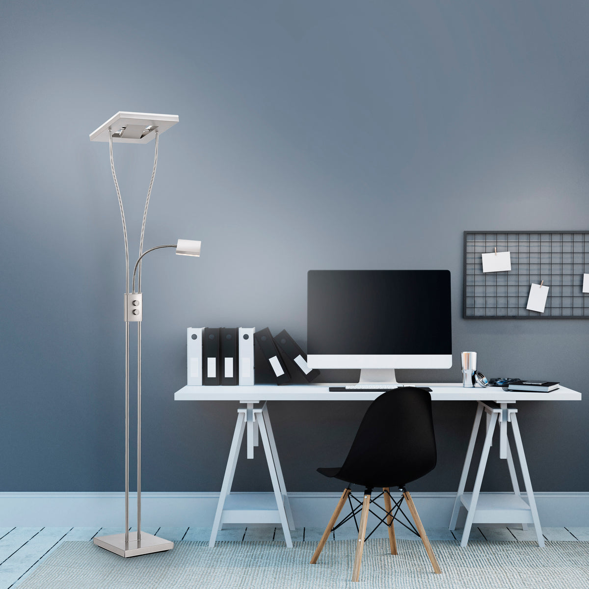 Mise en ambiance du lampadaire dans un bureau moderne avec ordinateur et chaise