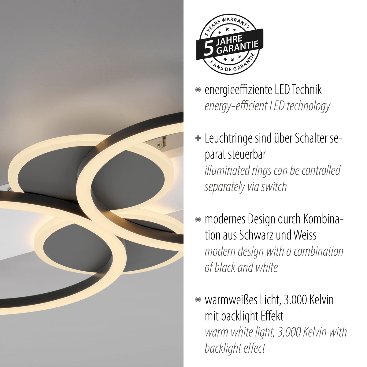 Gros plan du luminaire avec vignette de garantie cinq ans et arguments techniques