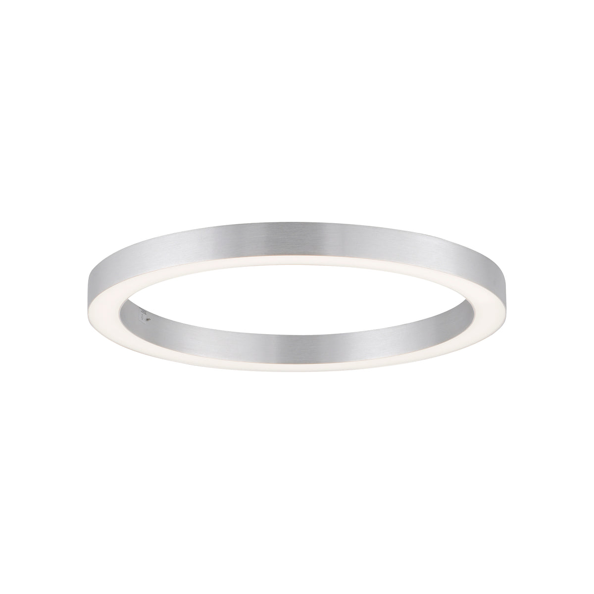 Plafonnier annulaire en aluminium brossé avec diffuseur blanc, présenté de face sur fond neutre