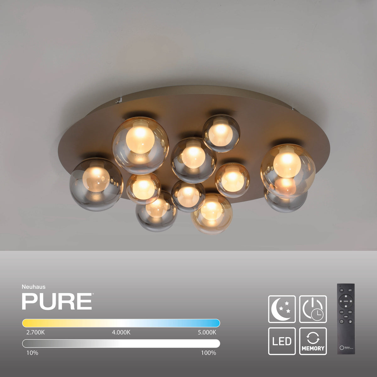 Vue du plafonnier avec télécommande, réglages de température et intensité lumineuse