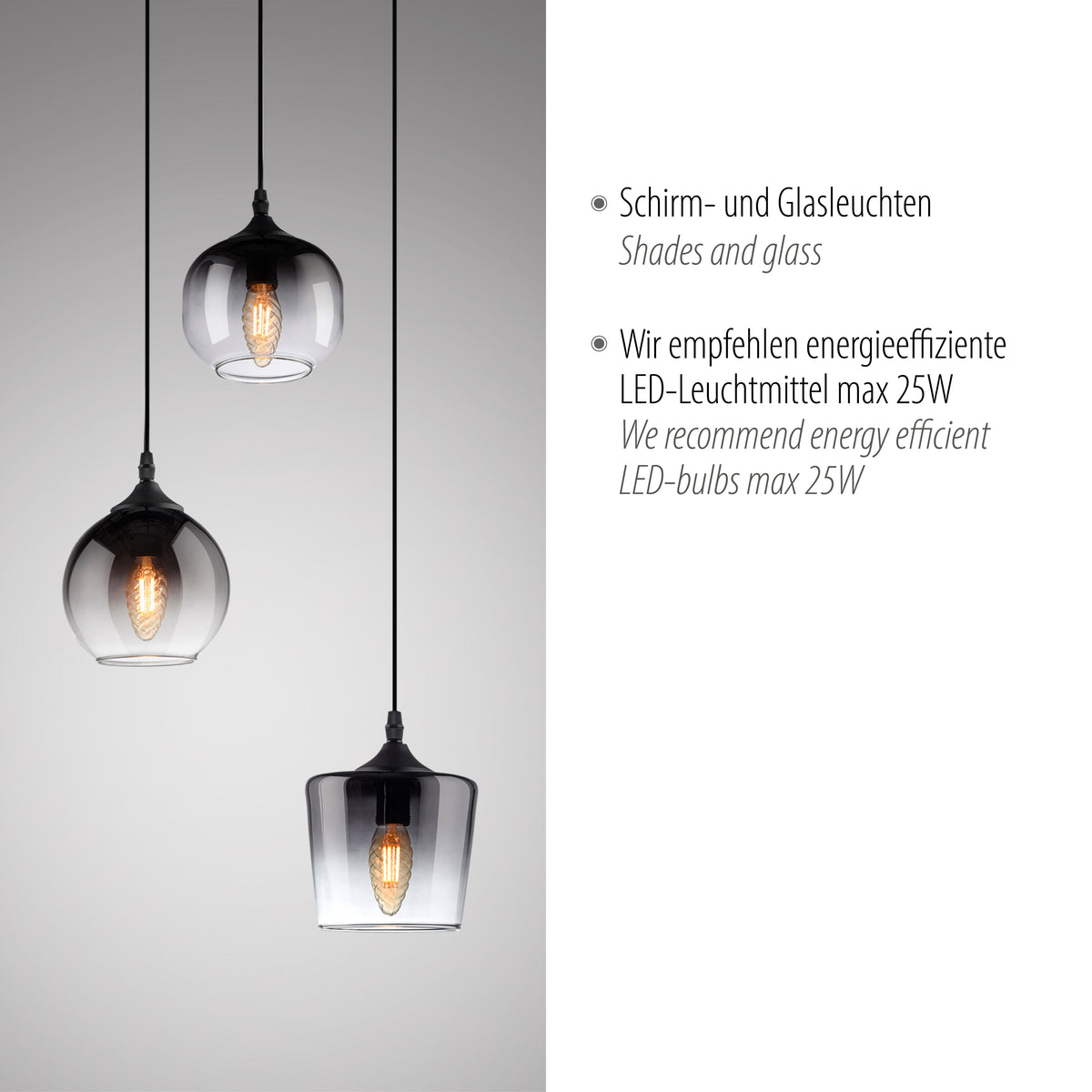 Gros plan sur les abat-jours en verre et les ampoules LED recommandées jusqu'à 25W