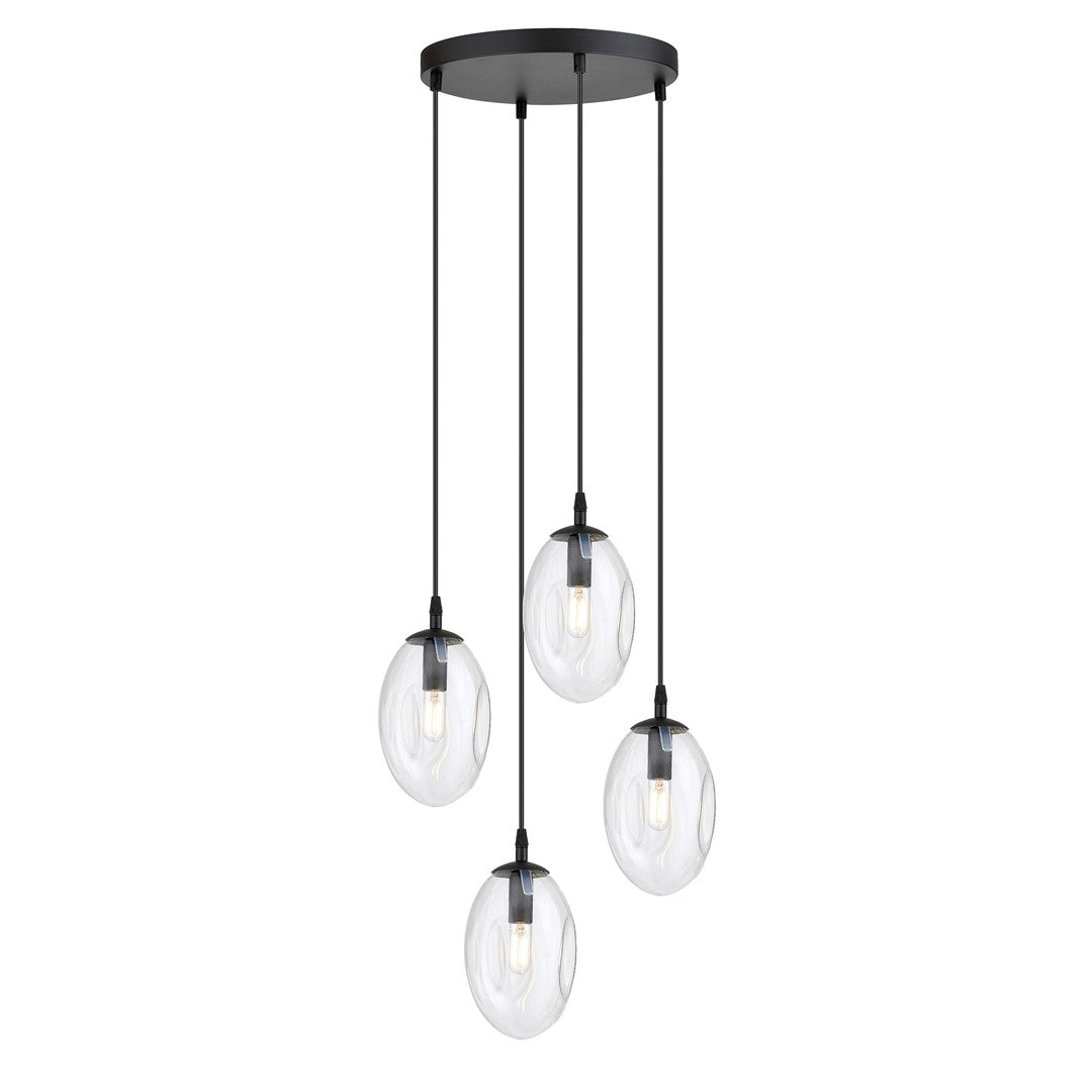Suspension noire à quatre globes ovales de verre transparent sur fond blanc