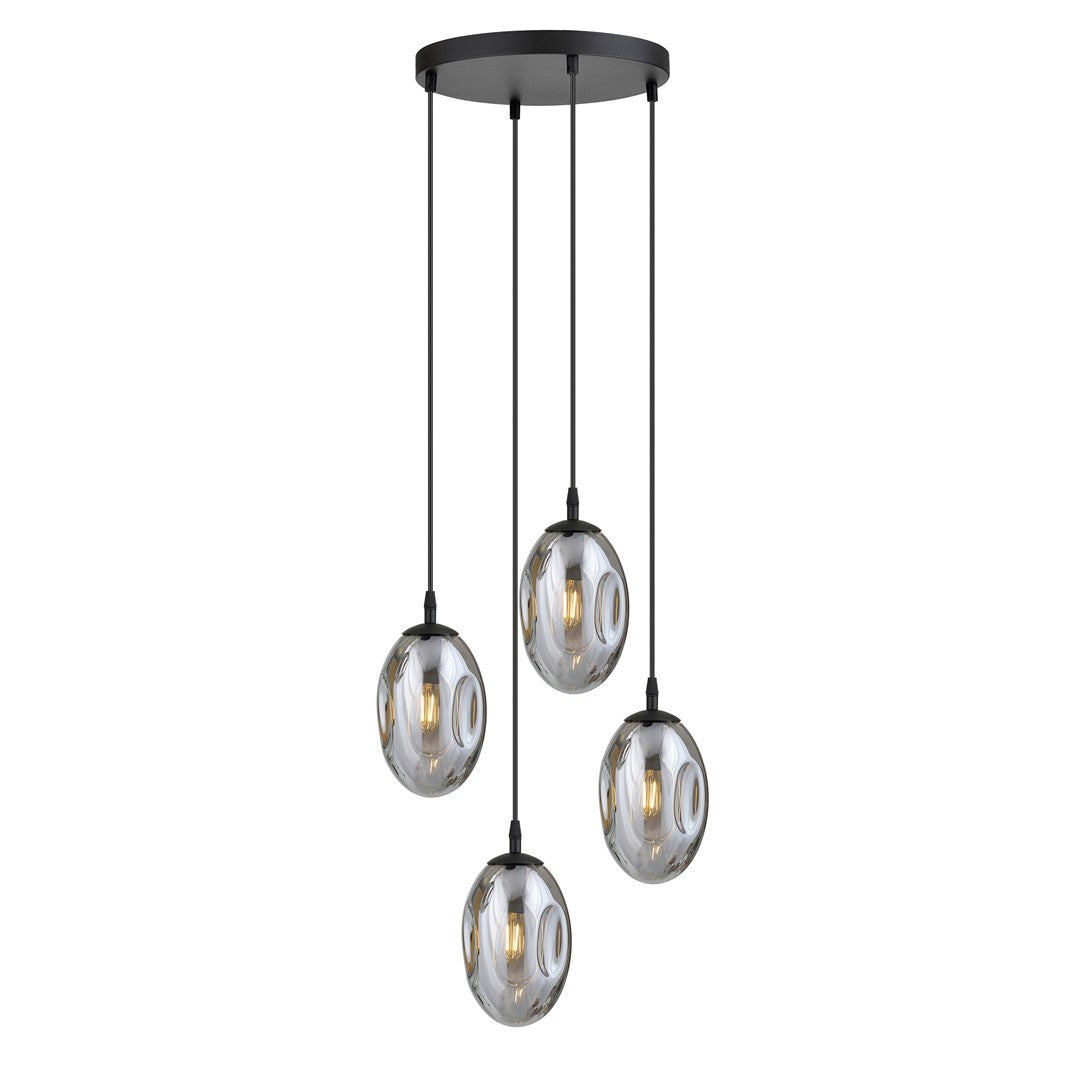 Suspension noire à quatre globes de verre graphite suspendus à hauteurs différentes