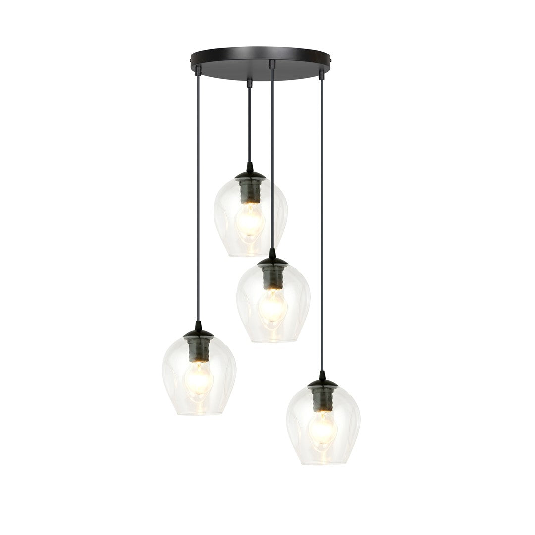 Suspension noire à quatre lumières, verre transparent, vue de face sur fond blanc