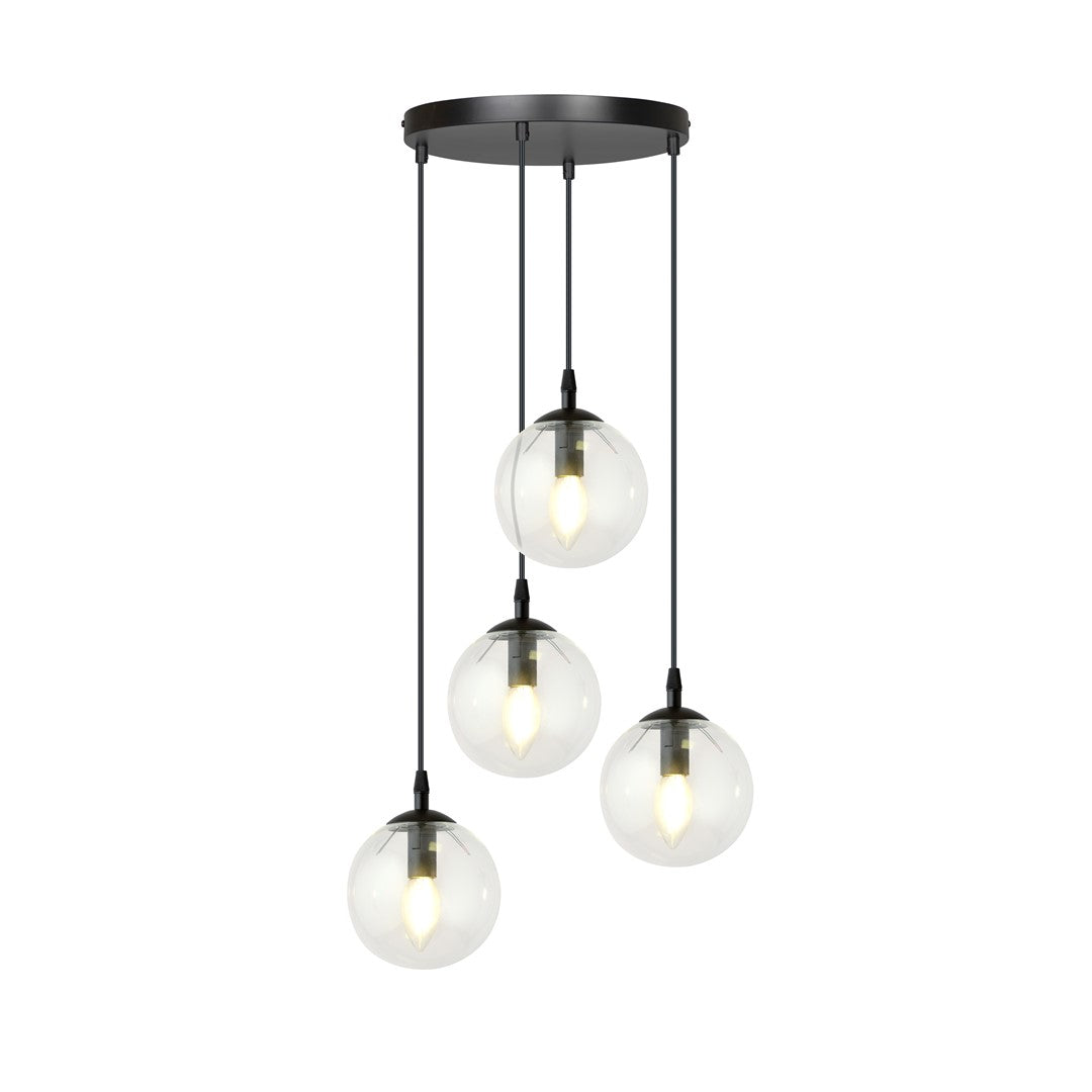 Suspension noire à quatre globes en verre transparent, câbles réglables sur fond blanc.
