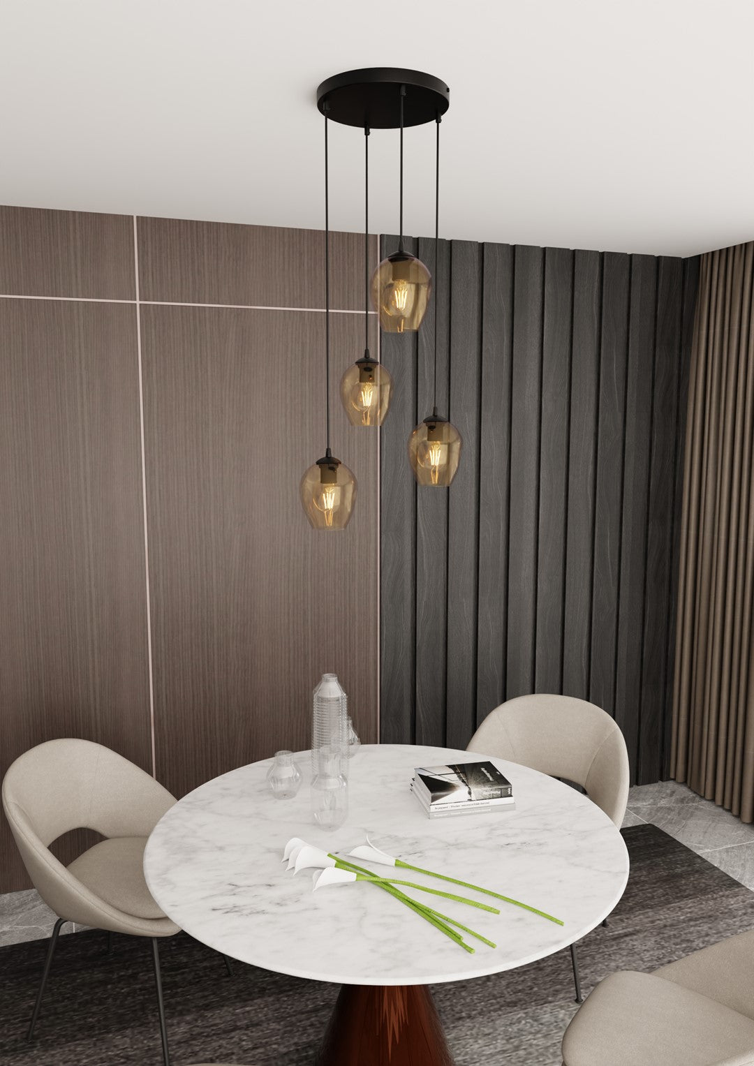 Mise en ambiance au-dessus d'une table ronde en marbre dans une salle à manger moderne.