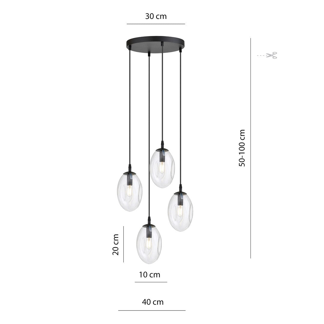 Schéma coté indiquant plateau de 30 cm, globes 20 cm et hauteur réglable