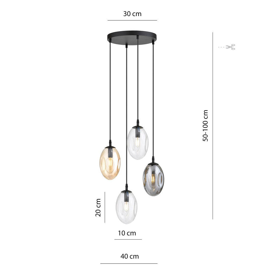 Schéma de dimensions cotées : hauteur réglable, diamètre du support et taille des abat-jours.