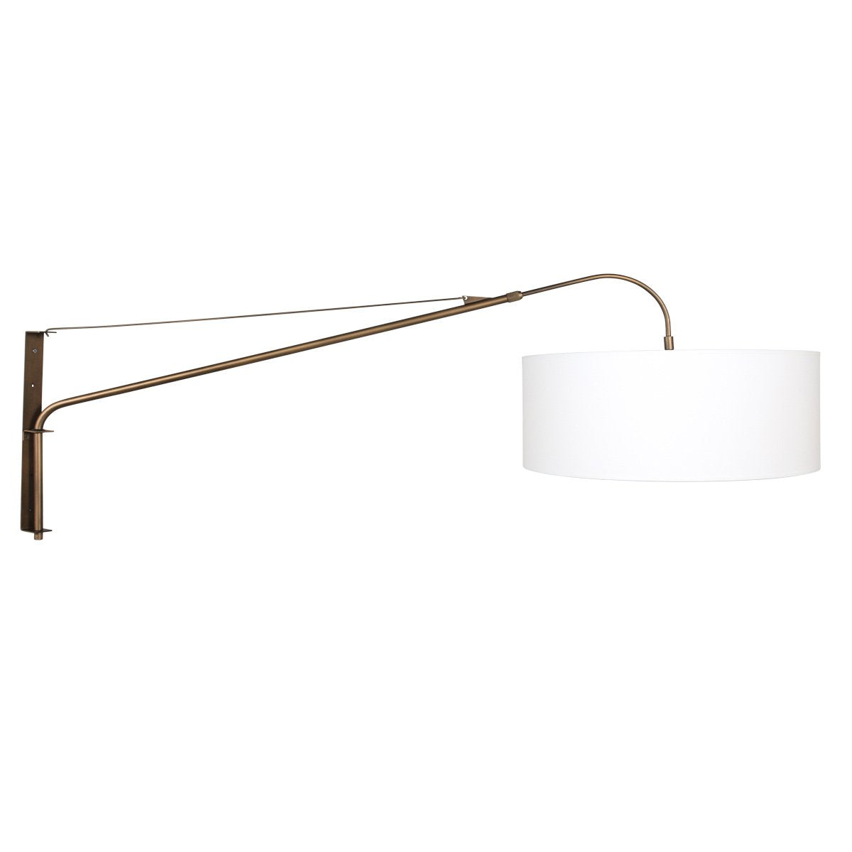 Vue de profil du luminaire mural avec long bras bronze et abat-jour blanc