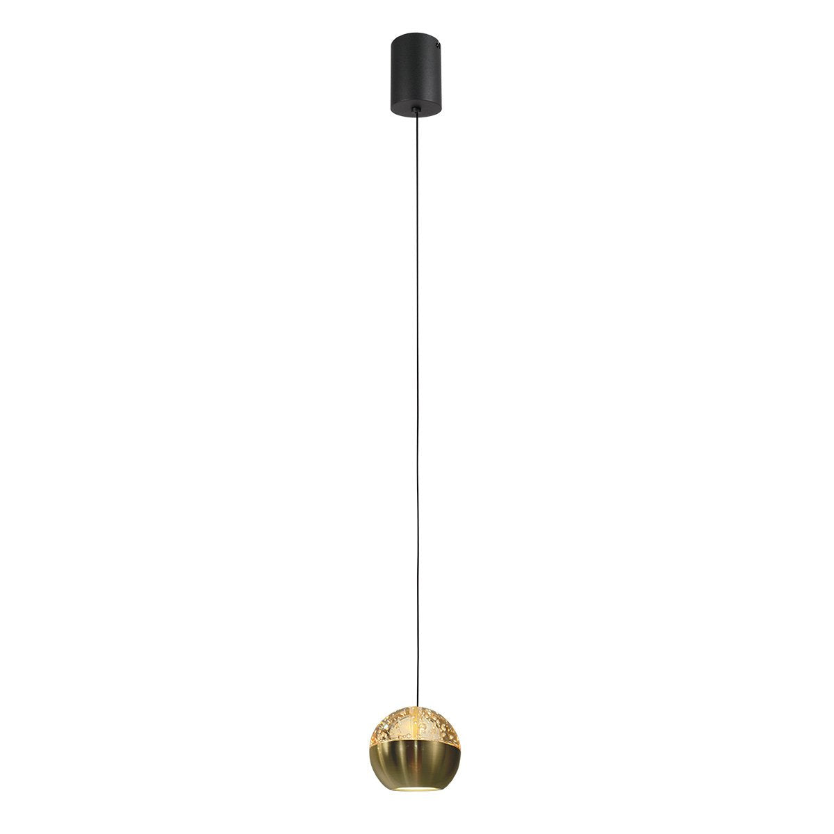Suspension dorée de face sur fond blanc, câble noir et rosace cylindrique
