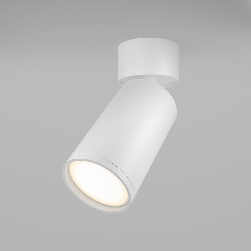 Plafonnier blanc orientable vu de trois quarts, diffuseur allumé face à l'objectif