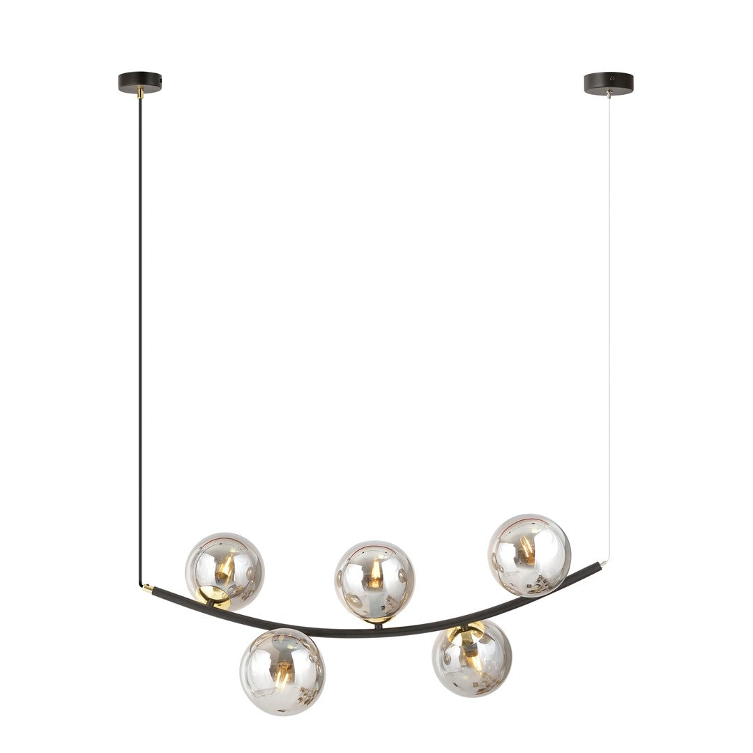 Suspension noire à cinq globes en verre graphite, barre courbe et deux câbles.