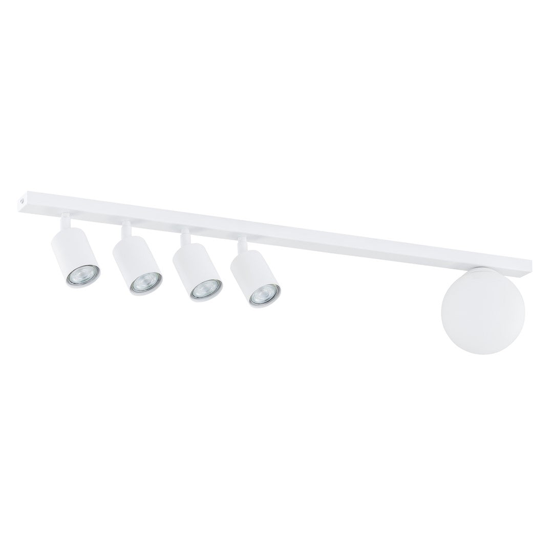 Plafonnier blanc vu de face, quatre spots orientables et globe éteint