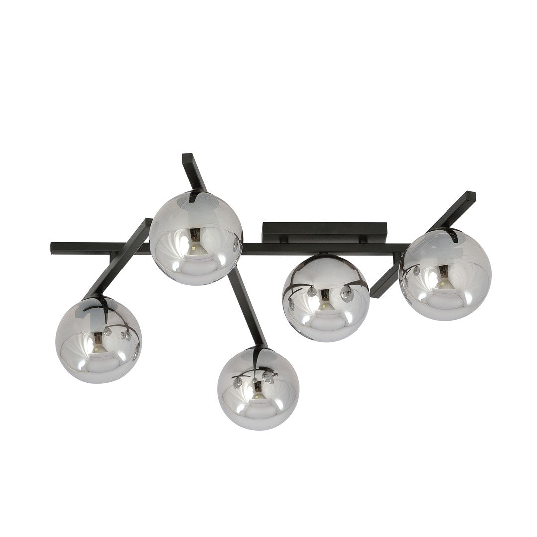 Vue de face du luminaire éteint, verre graphite réfléchissant la lumière