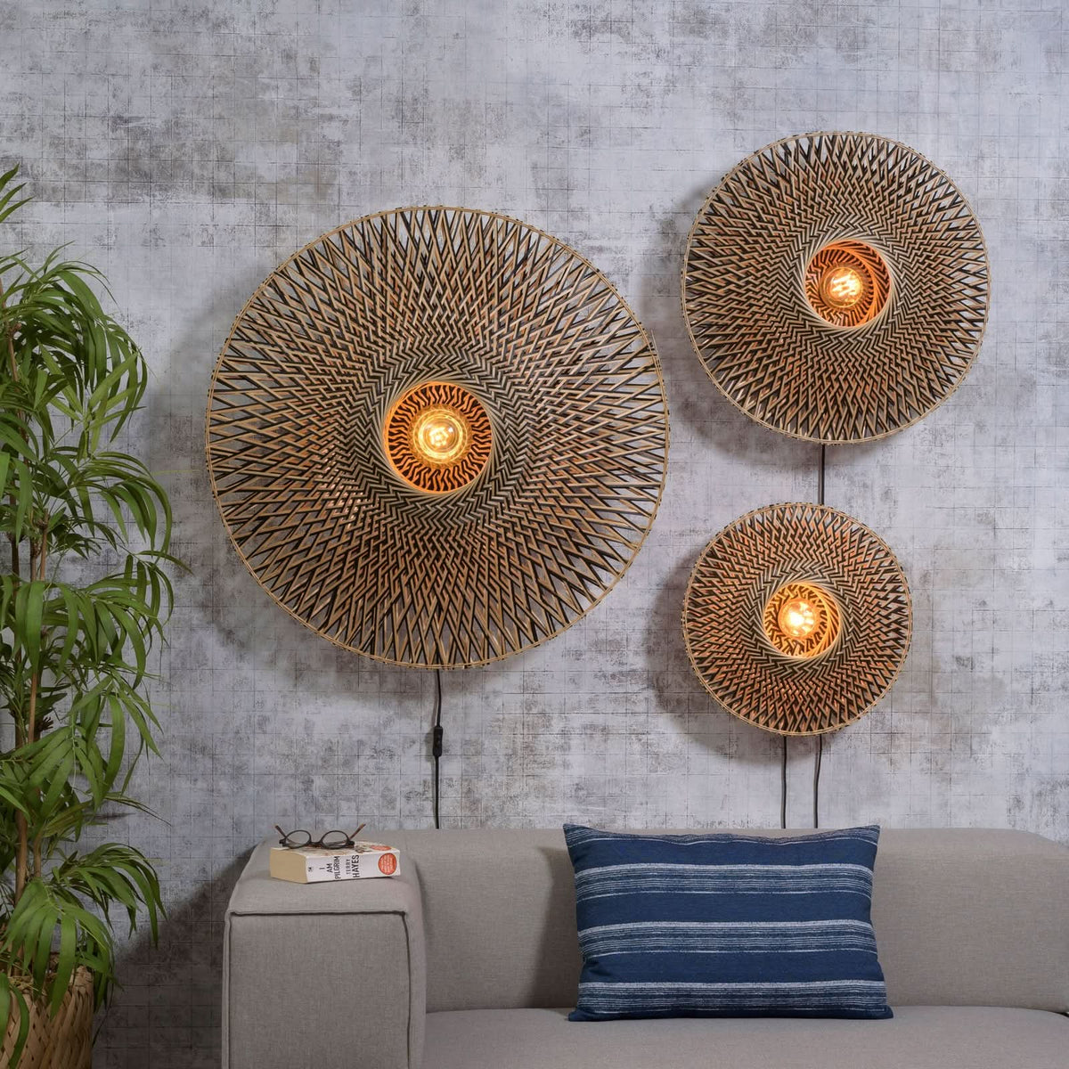 Applique murale Bali en bambou, crème et noir, Ø 60 cm