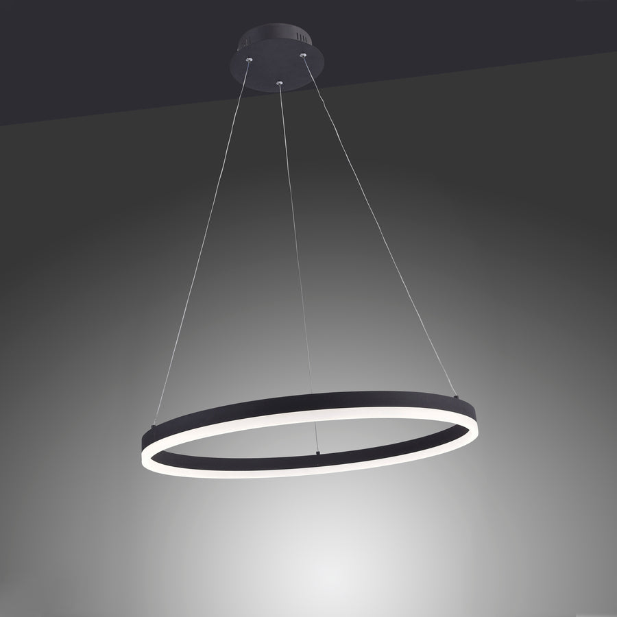 Suspension annulaire noire suspendue au plafond sombre, halo de lumière blanche.