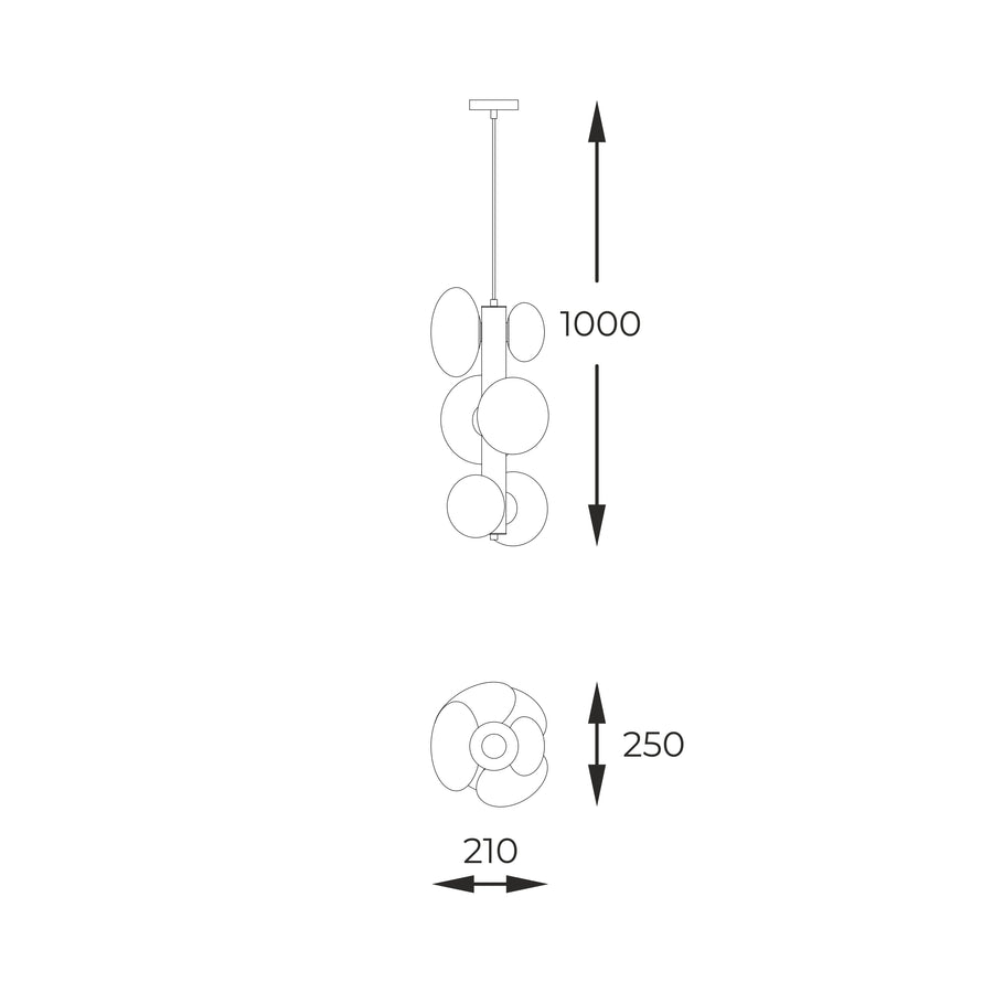 Schéma coté du luminaire indiquant hauteur totale 1000 mm et diamètre 250 mm
