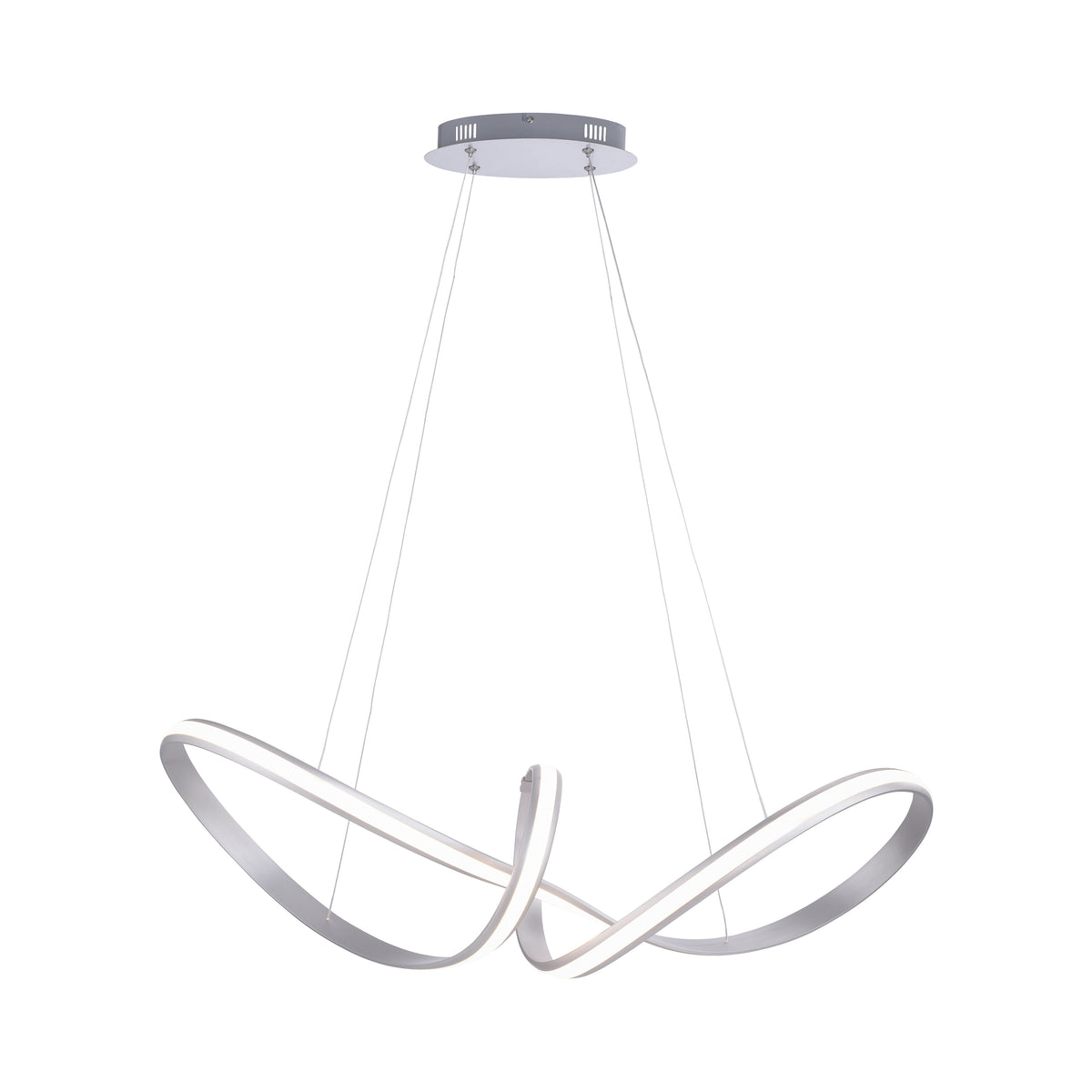 Vue de face du ruban LED torsadé suspendu par quatre câbles, fond blanc épuré
