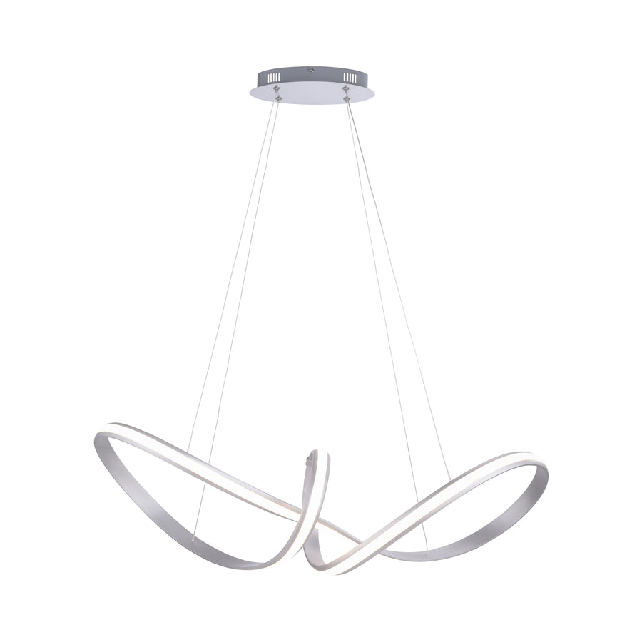 Vue de face du ruban LED torsadé suspendu par quatre câbles, fond blanc épuré