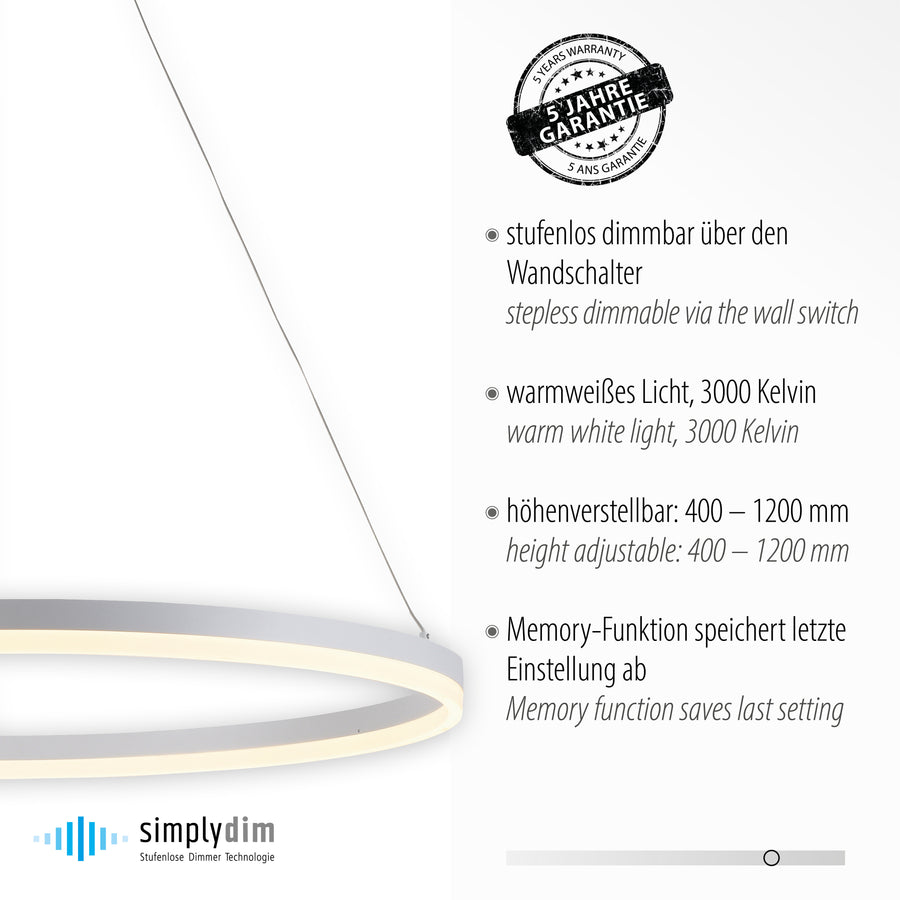 Détail de l'anneau blanc et liste des caractéristiques techniques du luminaire.