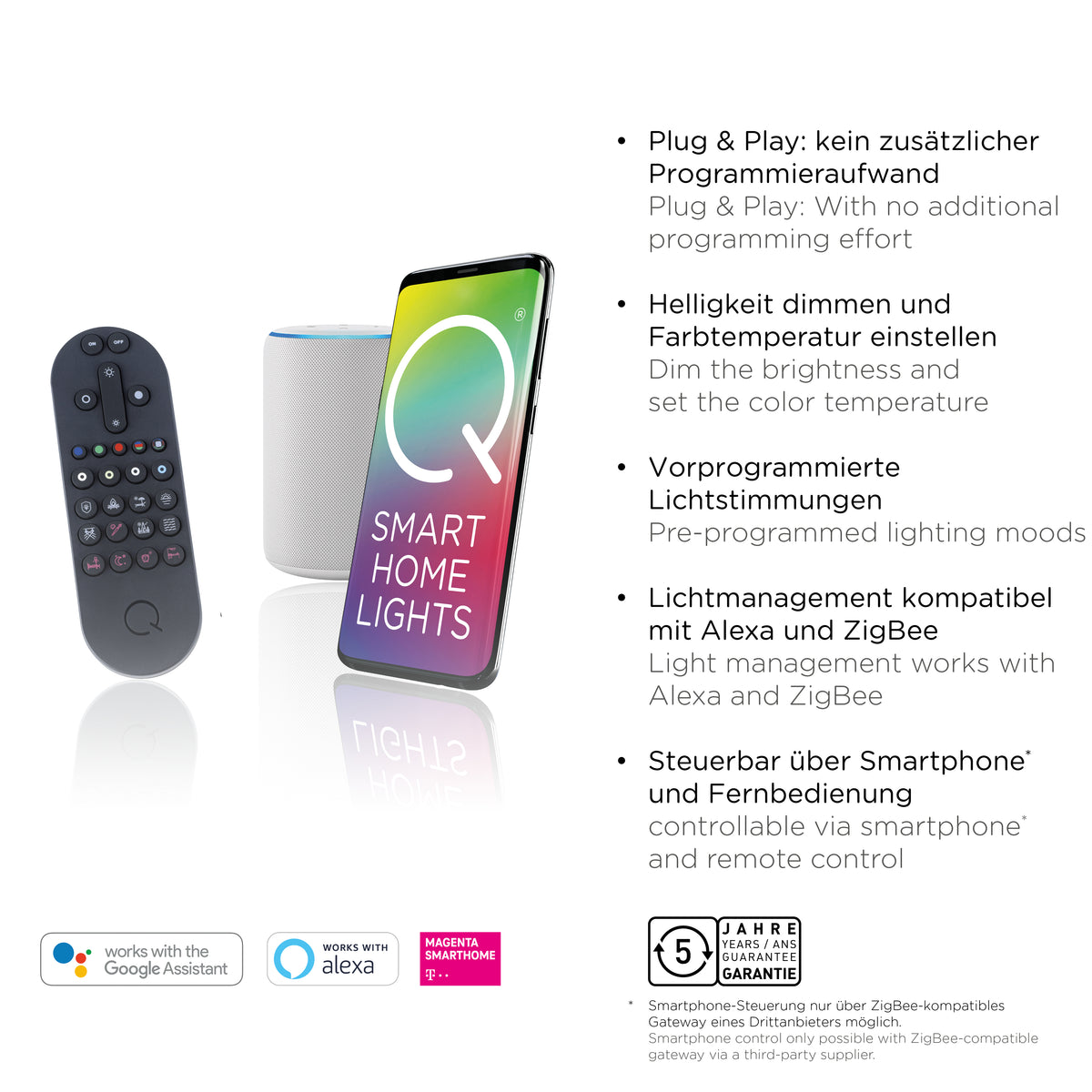 Fiche technique détaillant la garantie cinq ans et les compatibilités domotiques annoncées