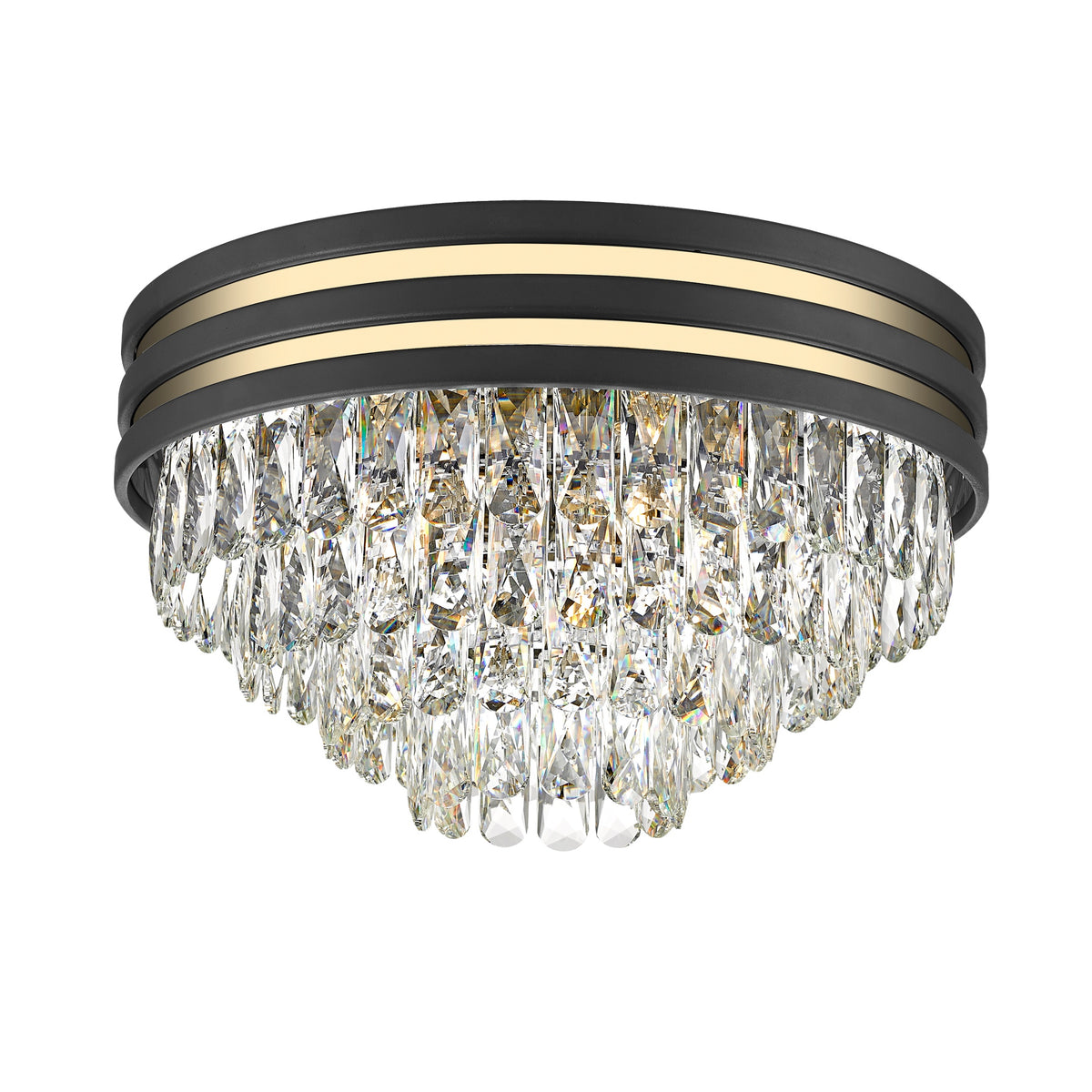 Plafonnier rond noir et doré avec cascade de cristaux transparents sur fond blanc