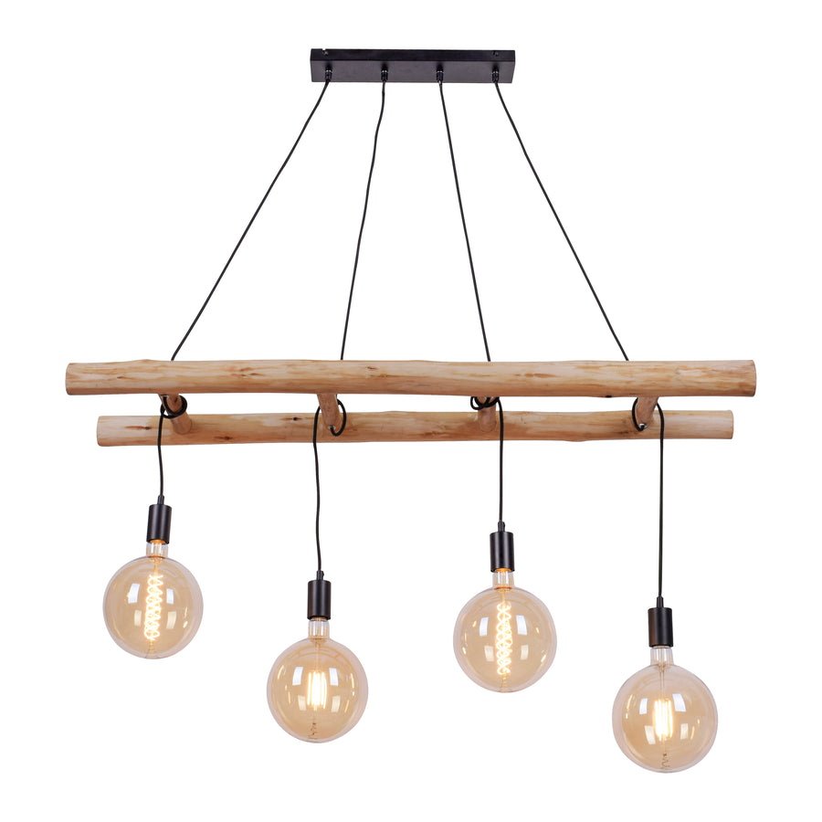 Suspension présentée sur fond blanc, câbles noirs et structure en bois naturel