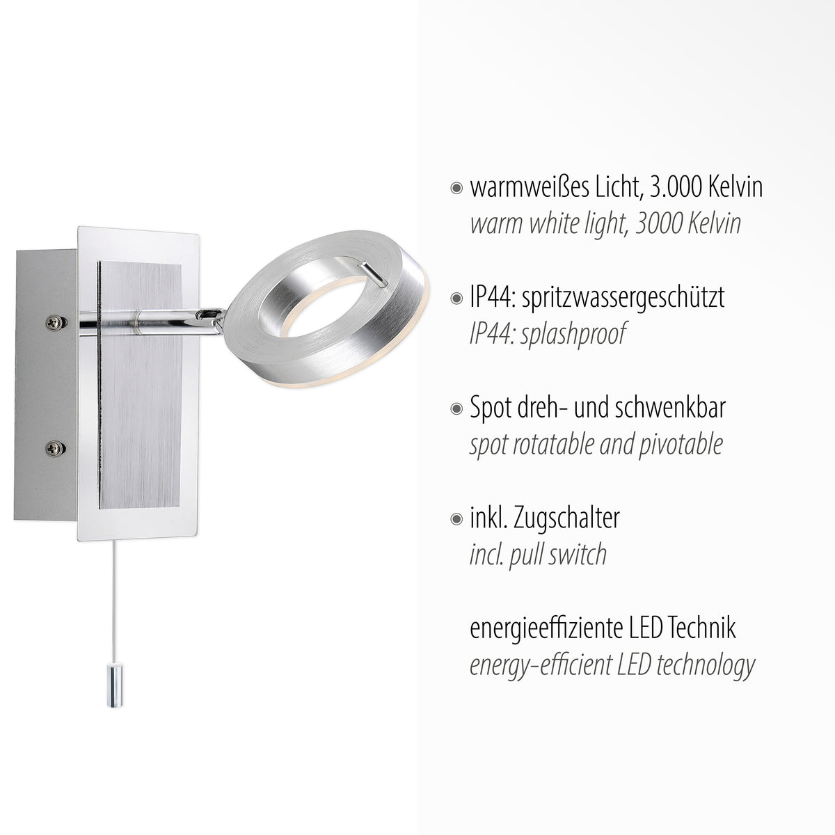 Visuel technique avec texte allemand et anglais détaillant lumière chaude, IP44, spot orientable.