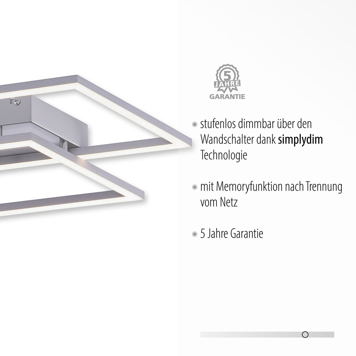 Détail de la structure en aluminium et mentions allemandes sur garantie et mémoire.