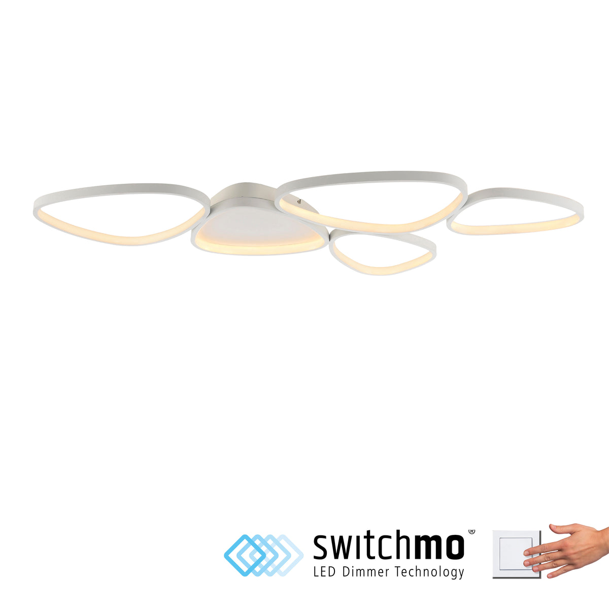 Produit blanc sur fond clair avec variateur tactile et symbole de réglage LED.