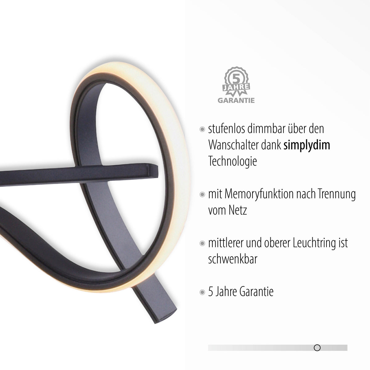 Détail d'une boucle LED et liste des fonctions, variateur et garantie cinq ans.