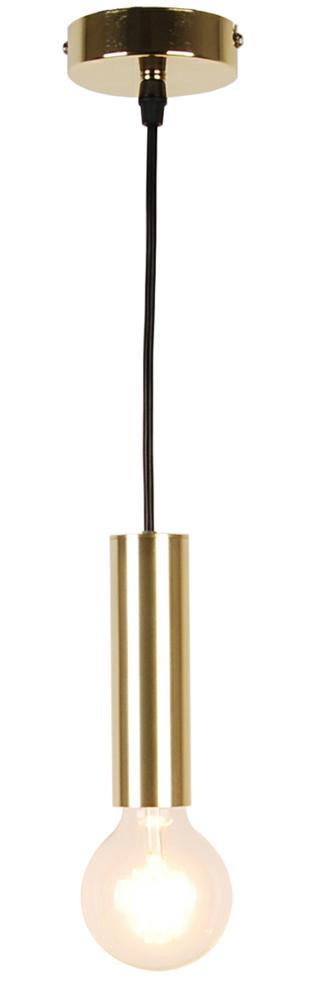 Suspension dorée vue de face, cylindre laiton et ampoule globe allumée sur fond blanc