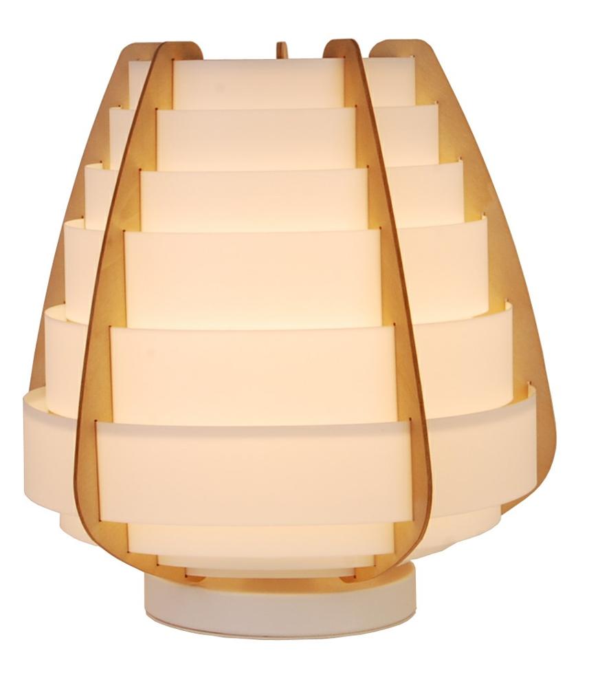 Lampe à poser allumée, vue de face sur fond blanc.