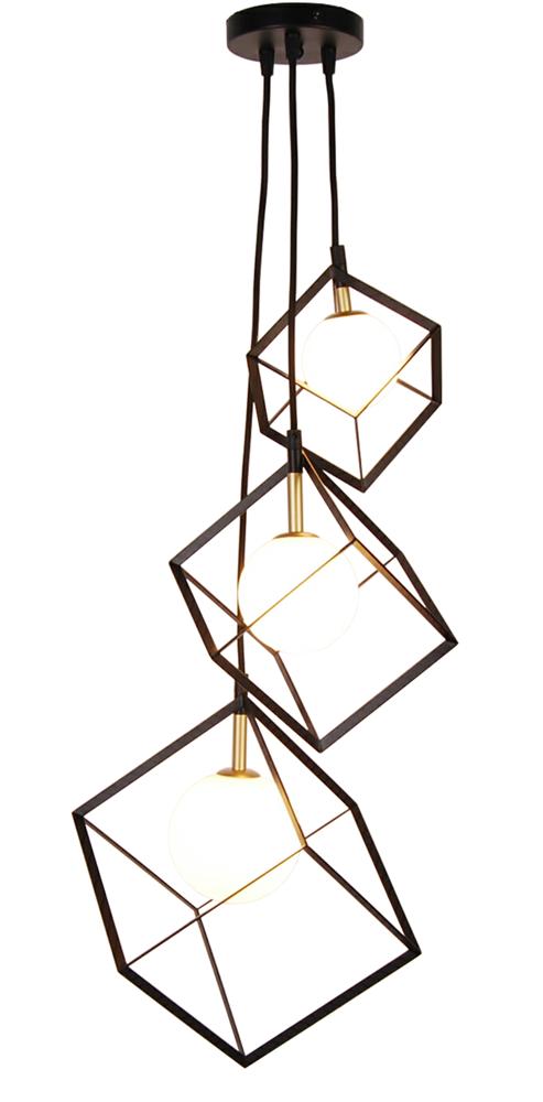 Suspension trois lumières sur fond blanc, cadres cubiques noirs et globes de verre opalin