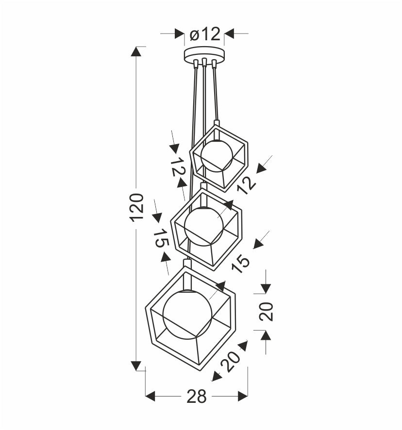 Schéma coté du luminaire, hauteur totale 120 cm et largeur 28 cm