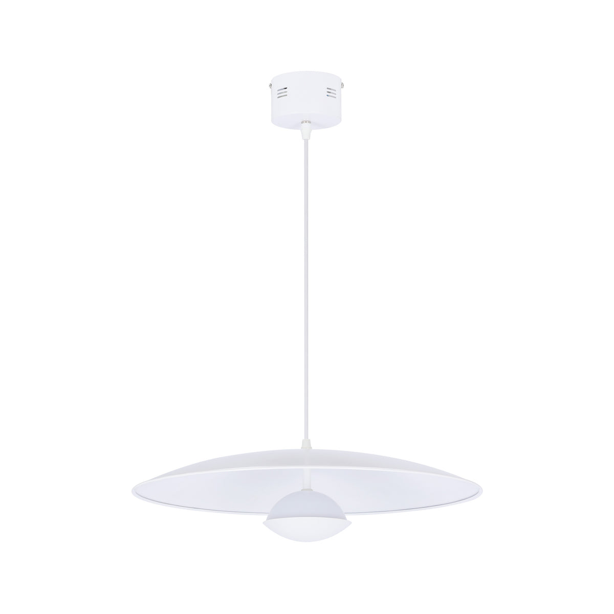 Vue de face du luminaire blanc sur fond blanc, câble et rosace plafond visibles.