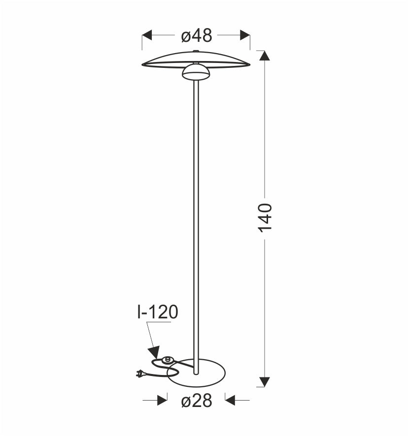 Schéma technique coté du lampadaire avec diamètre, hauteur et base