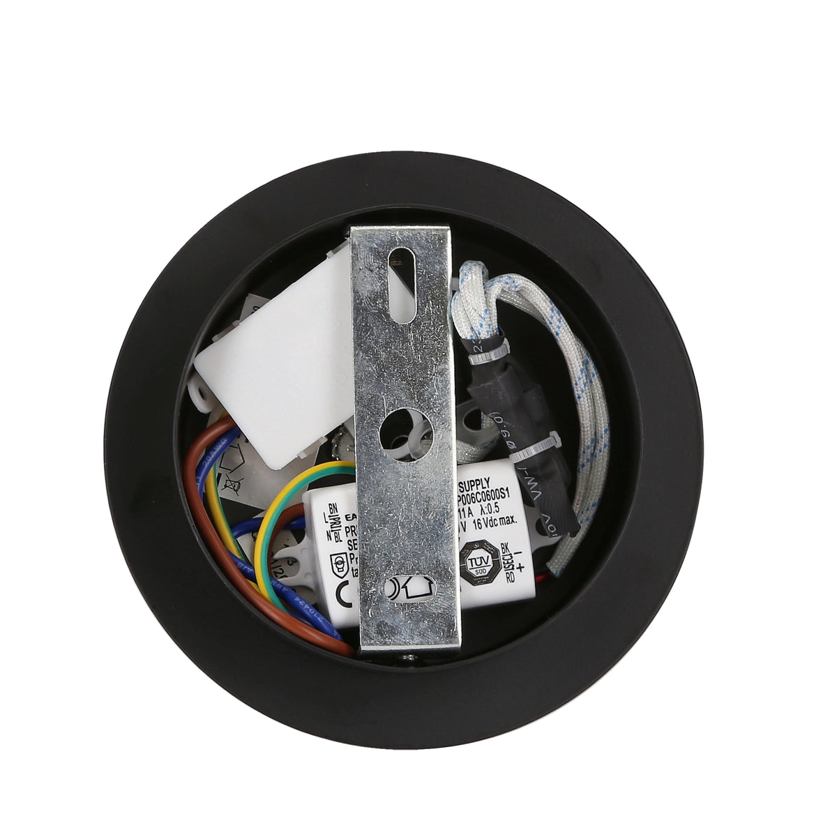 Vue arrière du socle rond montrant platine de fixation, câblage et driver LED