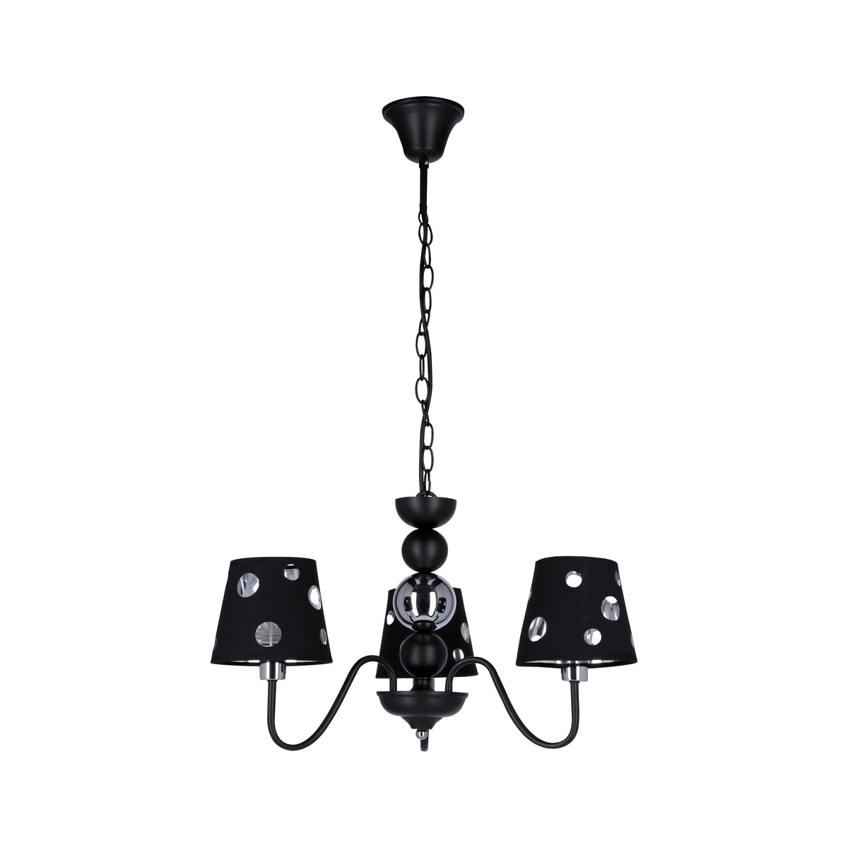 Version noire du lustre trois feux, abat-jours tissu perforés, vue produit face