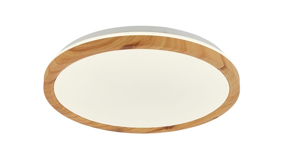 Vue de face du plafonnier rond, cerclage bois clair et diffuseur blanc opaque