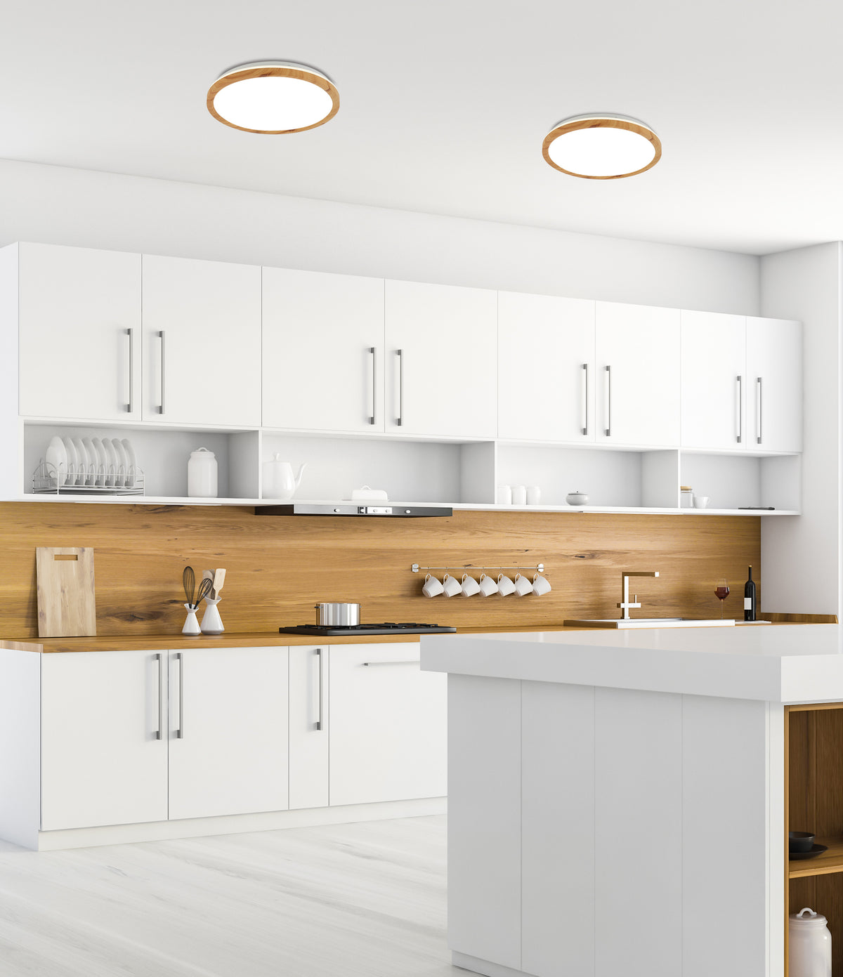 Vue rapprochée plafond et crédence bois, plafonniers ronds bois et blanc allumés