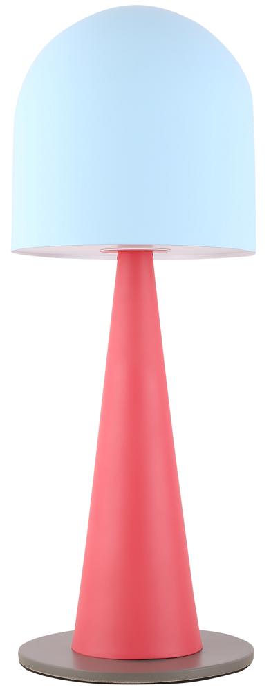Lampe à poser rose et bleu clair, abat-jour arrondi et socle gris, vue de face