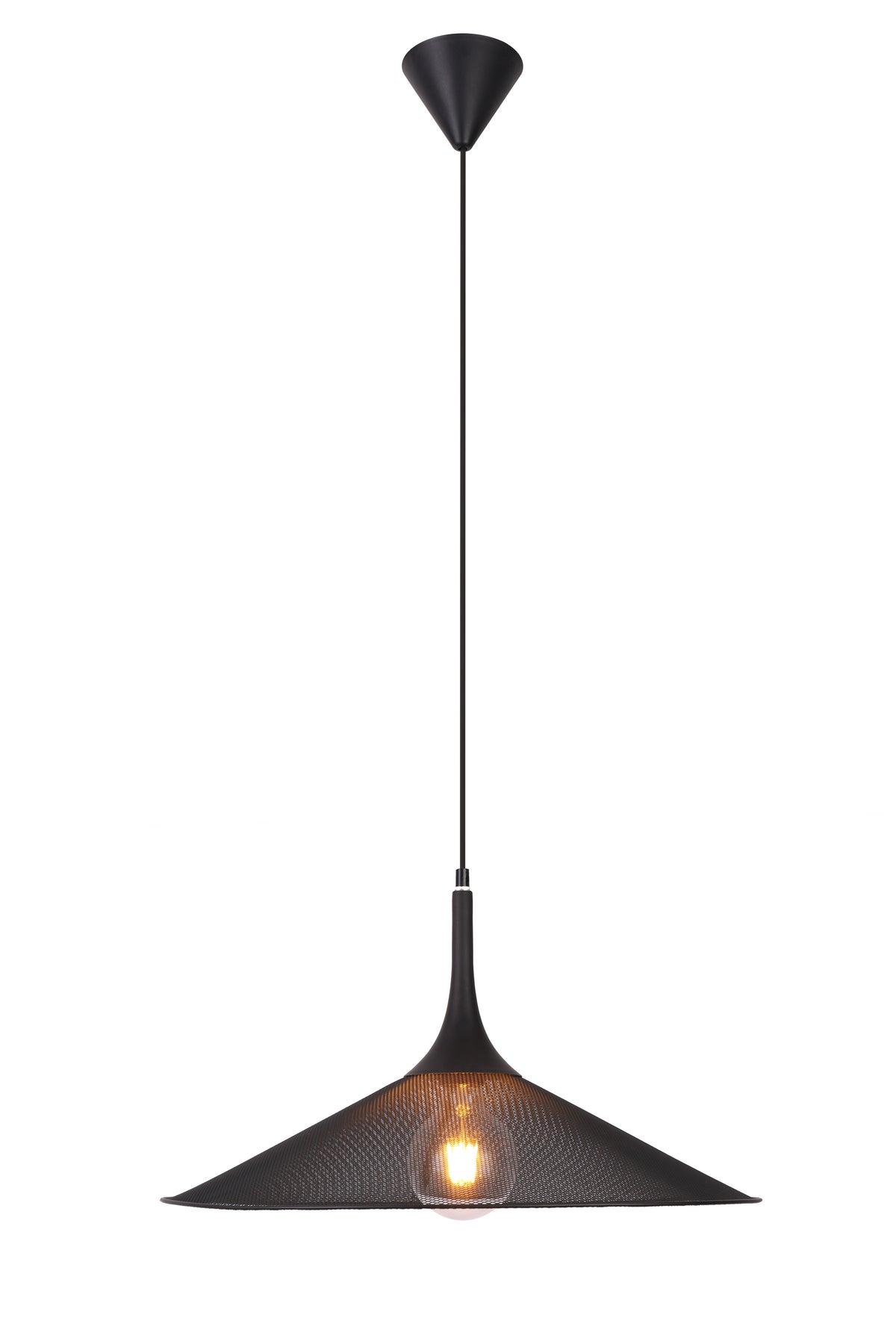 Vue de face sur fond blanc de la suspension noire en métal perforé, ampoule allumée.