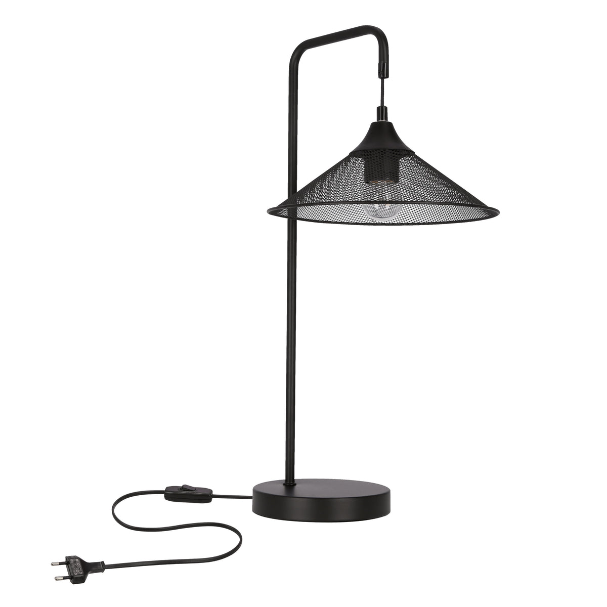 Lampe à poser noire sur fond blanc, abat-jour conique perforé et câble avec interrupteur